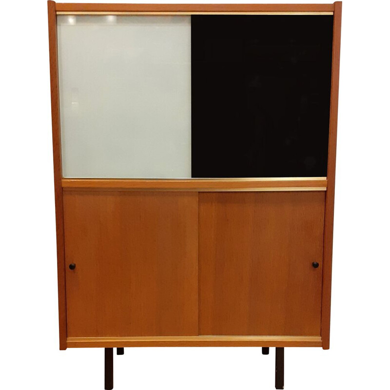 Vintage display cabinet with four sliding doors in blond oakwood