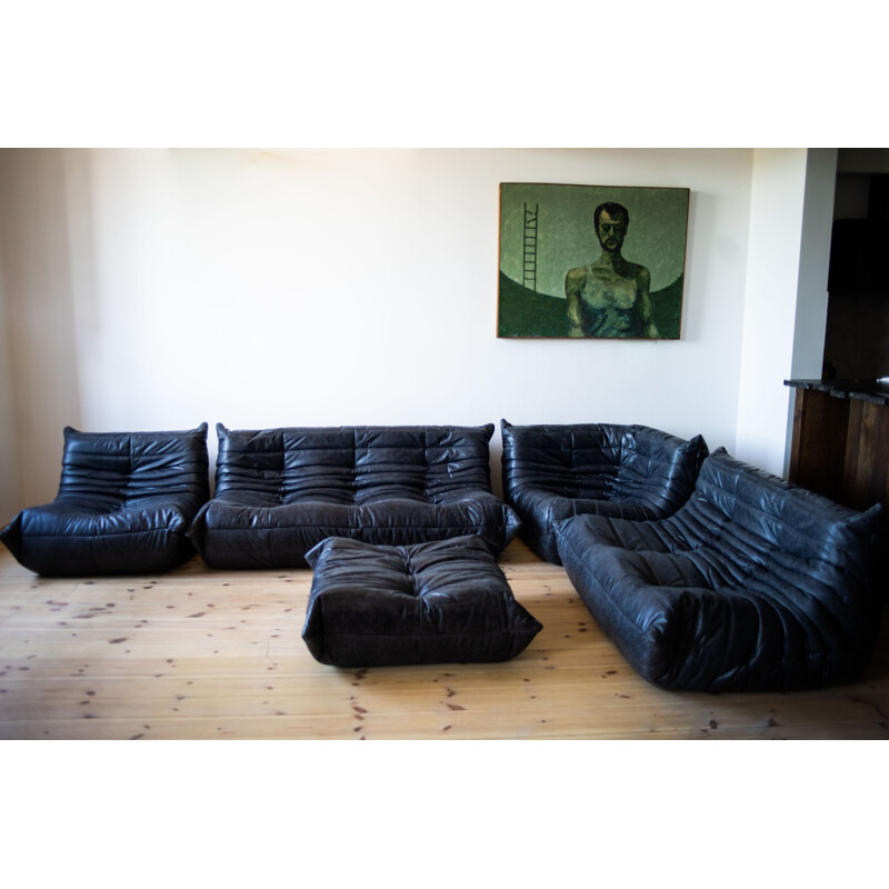 Vintage Togo living room set in Dubai black leather by Michel Ducaroy for Ligne Roset, 1970s