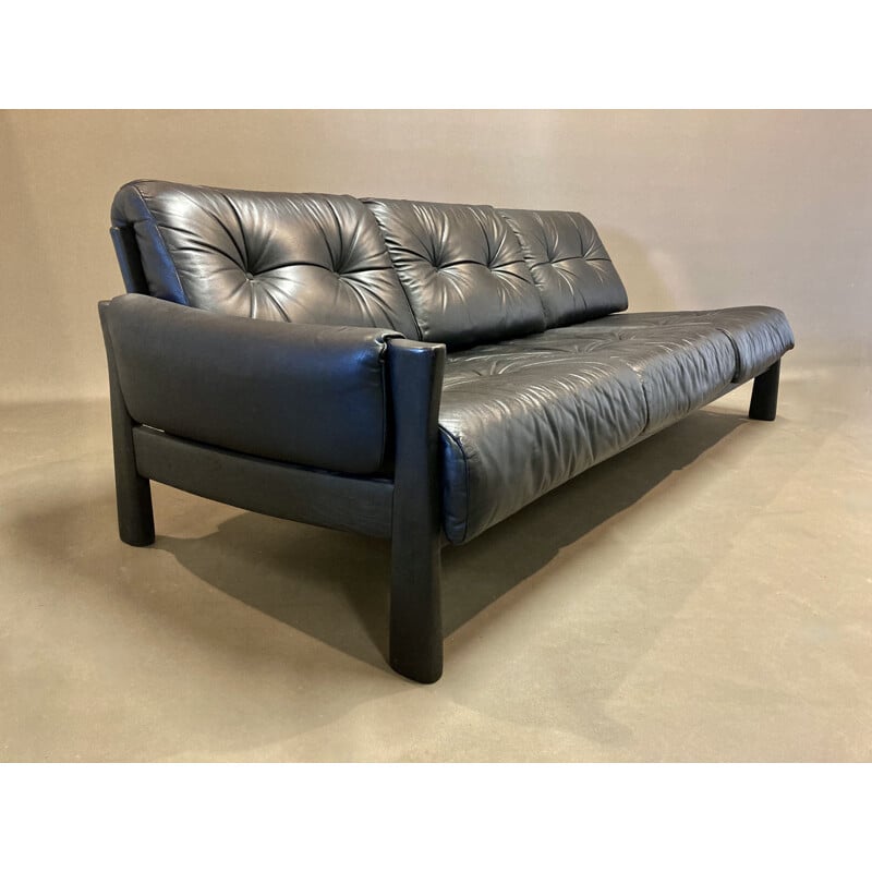 Vintage modular 5-seater sofa in black leather, 1960s