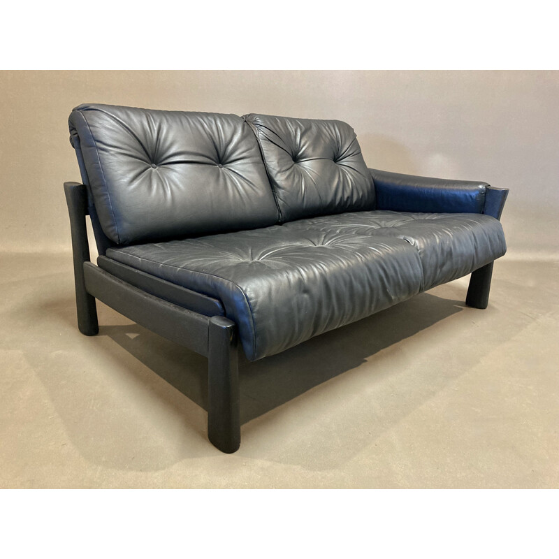 Vintage modular 5-seater sofa in black leather, 1960s