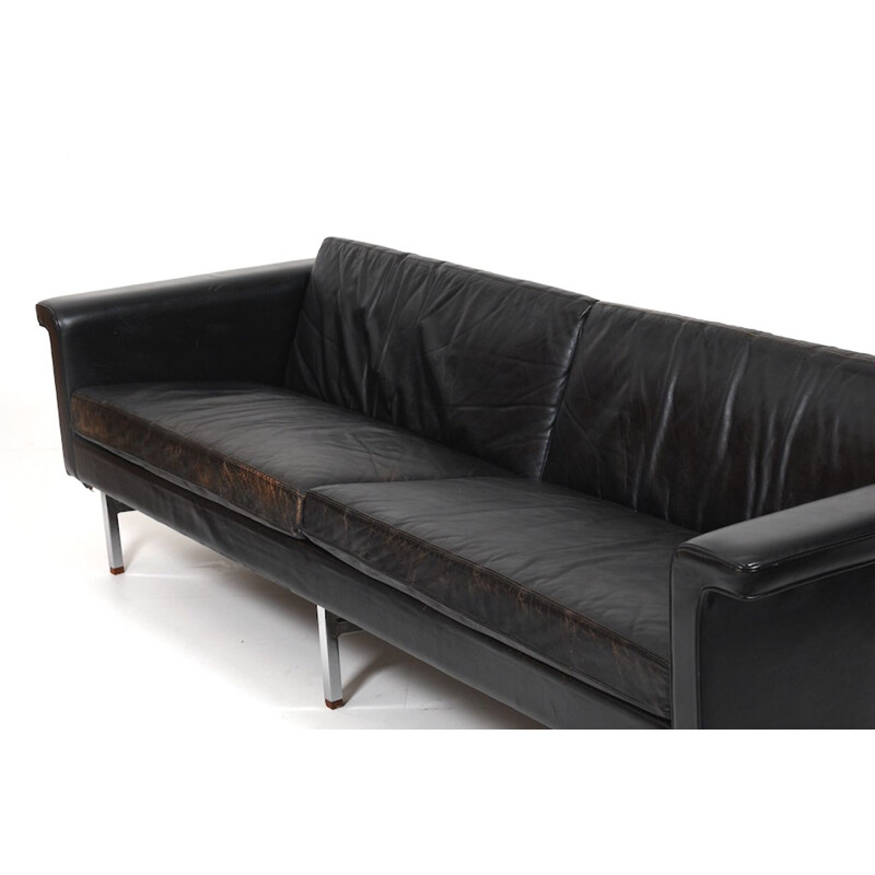 Danish vintage leather sofa with chrome legs and teak ends, 1960s