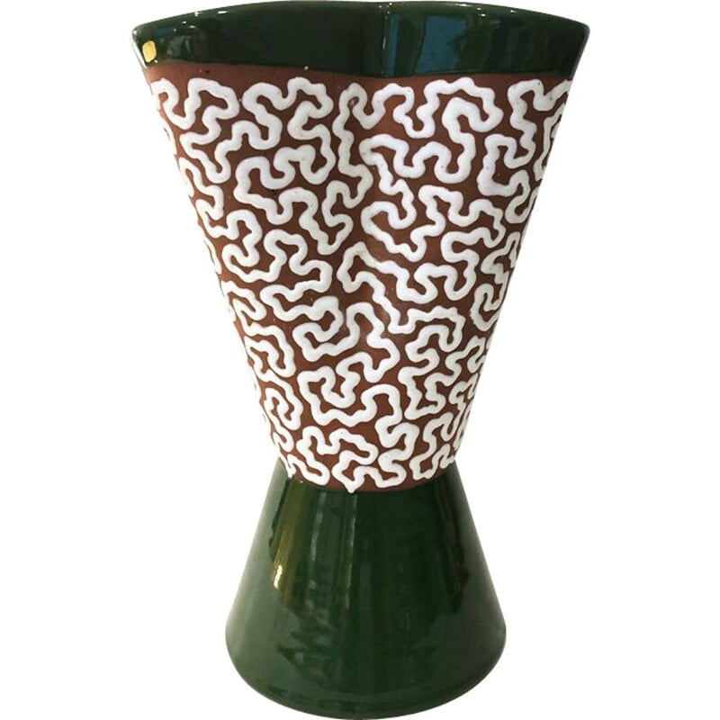 Green and white enamelled vintage vase, 1970