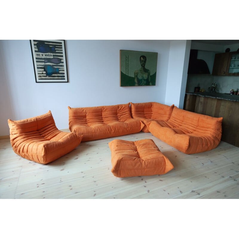 Vintage Togo living room set in orange fabric by Michel Ducaroy for Ligne Roset, 1973