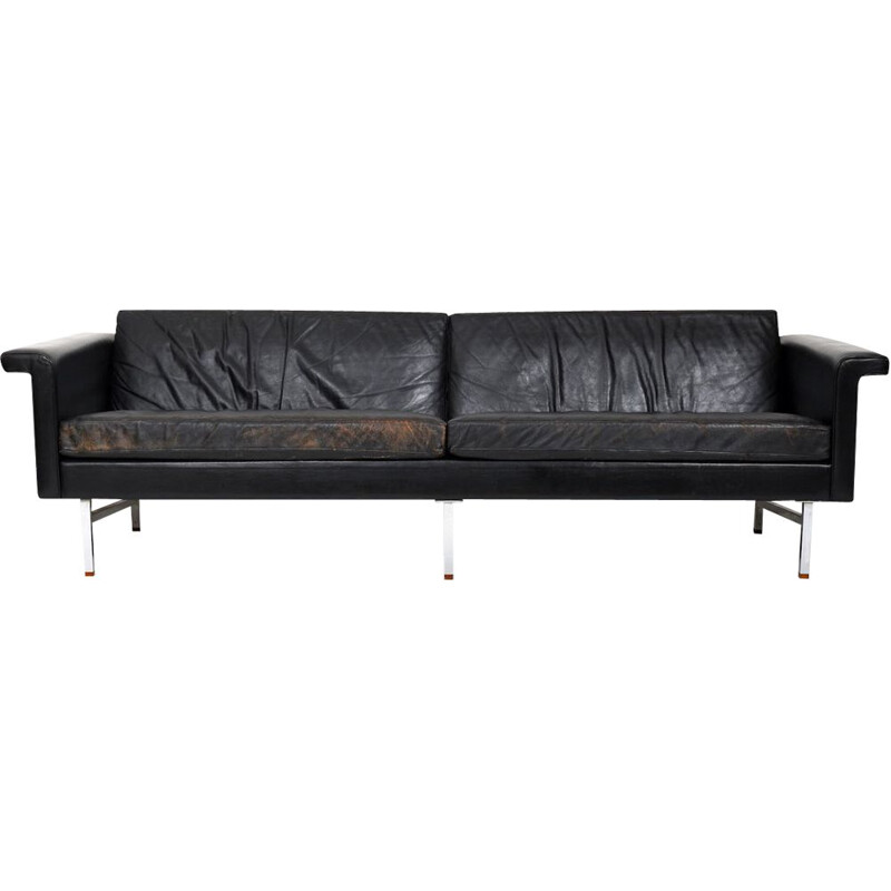 Danish vintage leather sofa with chrome legs and teak ends, 1960s