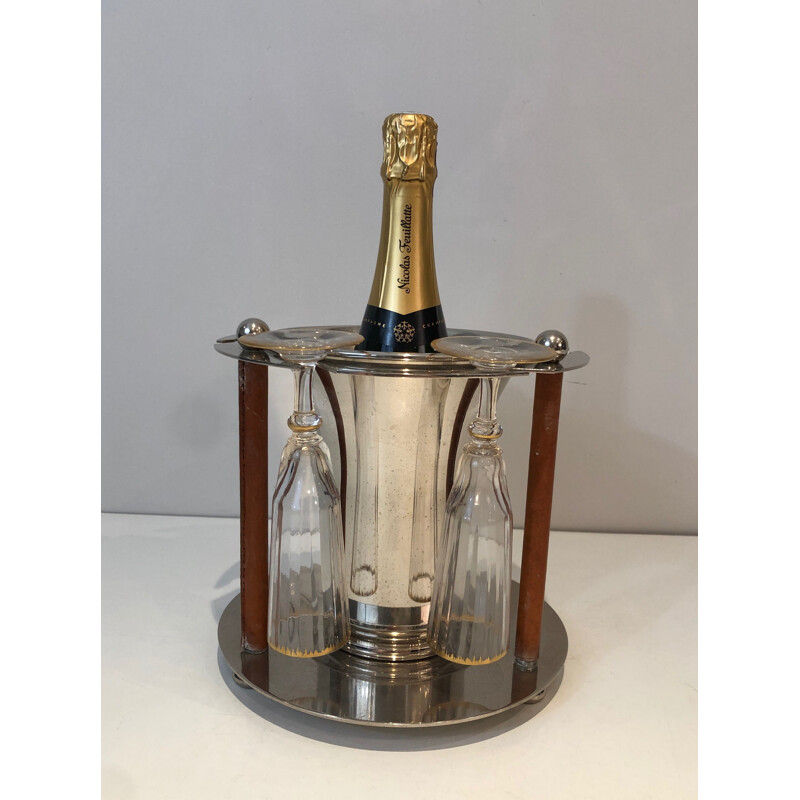 Vintage silver plated metal and leather champagne bucket with flutes display, France 1970