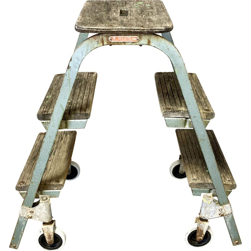 Vintage wood and metal rolling stool, 1950