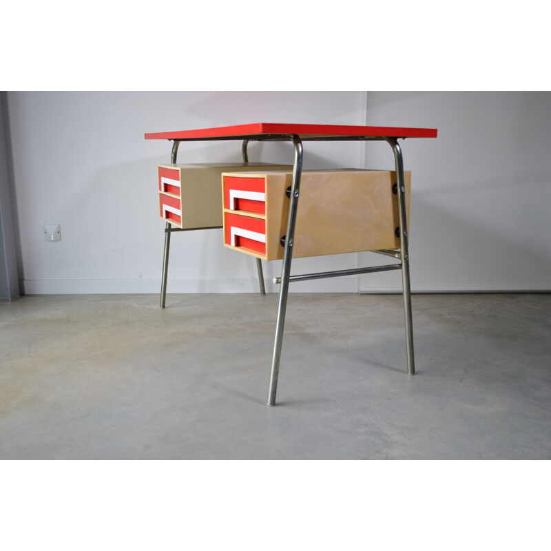 Vintage red desk with 4 drawers, 1970