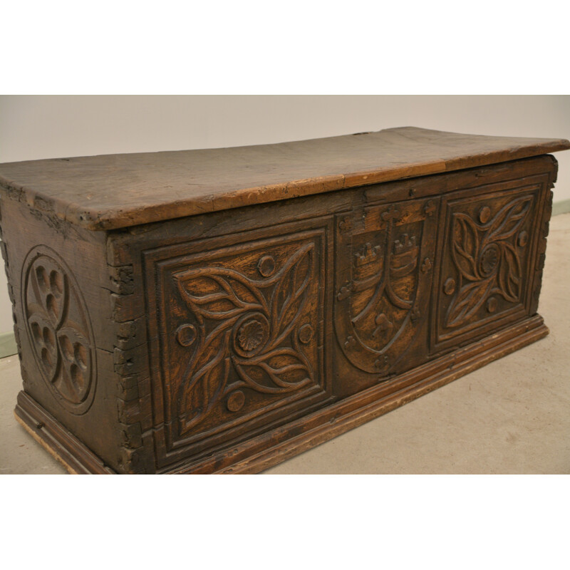 Vintage medieval carved oakwood chest