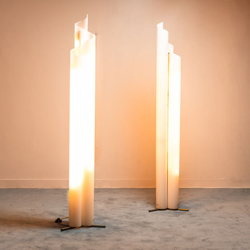 Pair of vintage white plexiglass Chimera floor lamps by Vico Magistretti for Artemide