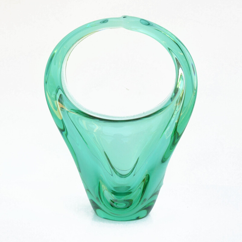 Vintage glass basket vase by M. Klinger for Zelezna Brod Sklo, Czechoslovakia 1960