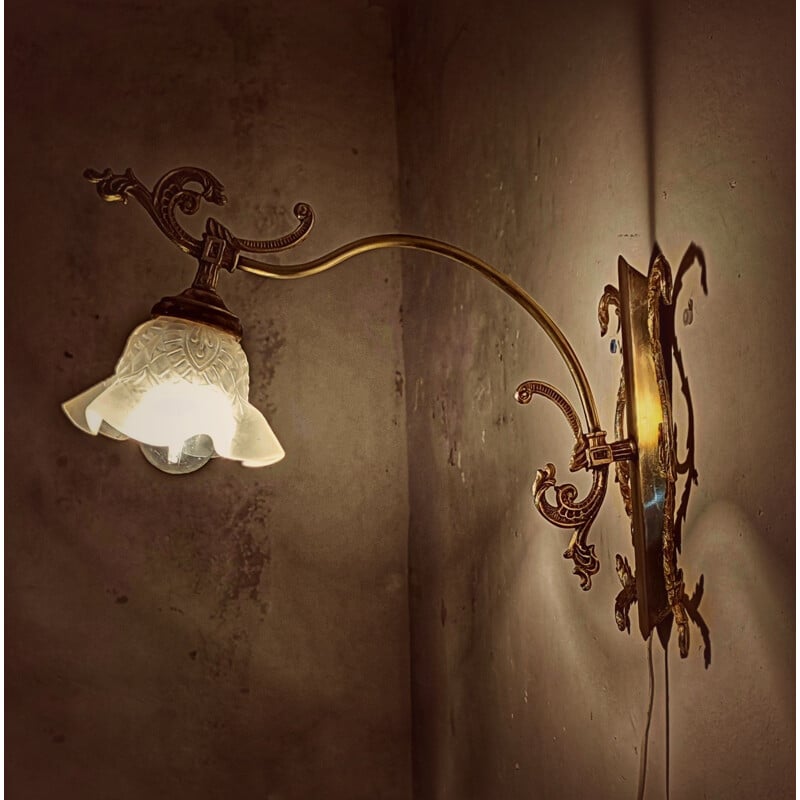 Vintage bronze wall lamp with white glass lampshade, Spain 1930s