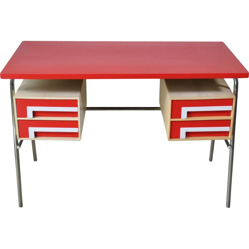 Vintage red desk with 4 drawers, 1970
