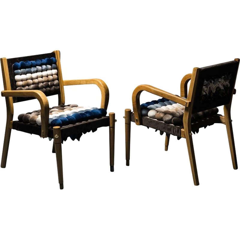 Pair of vintage Balls wooden and velvet chairs, 1970s