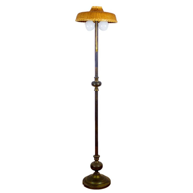 Vintage metal floor lamp with wicker lamp shade, 1960s