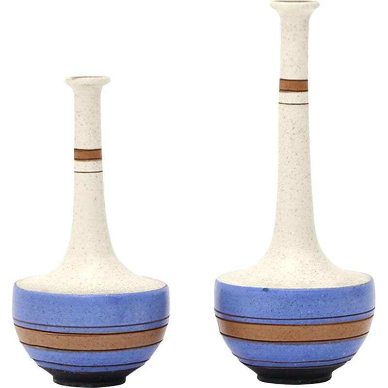 Pair of vintage white and blue decorated stoneware vases by Vanni, 1980s