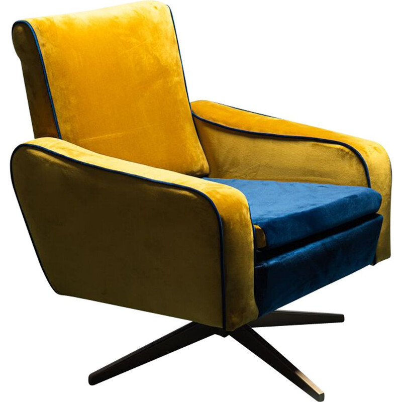 Vintage Prospect swivel armchair in yellow ocher and blue velvet, 1960s