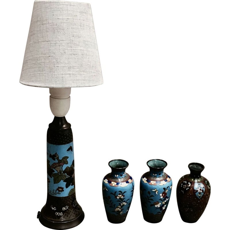 Set of vintage Scandinavian lamp and 3 vases in brass, 1950s