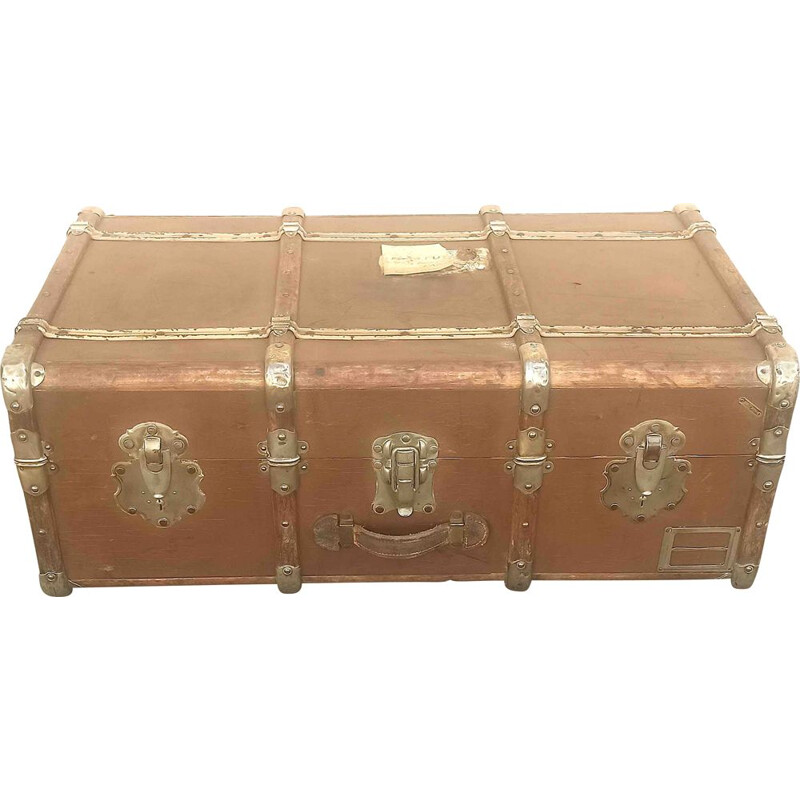 Vintage trunk in wood, brass and leather, France 1930