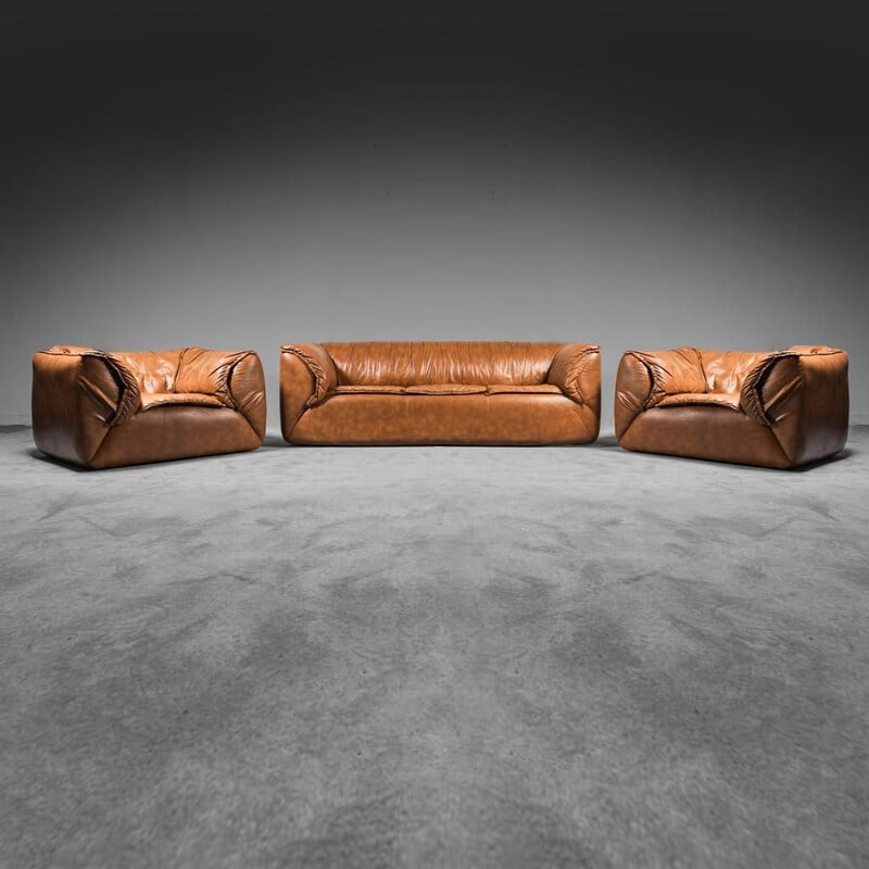 Vintage brown leather living room set, 1970s