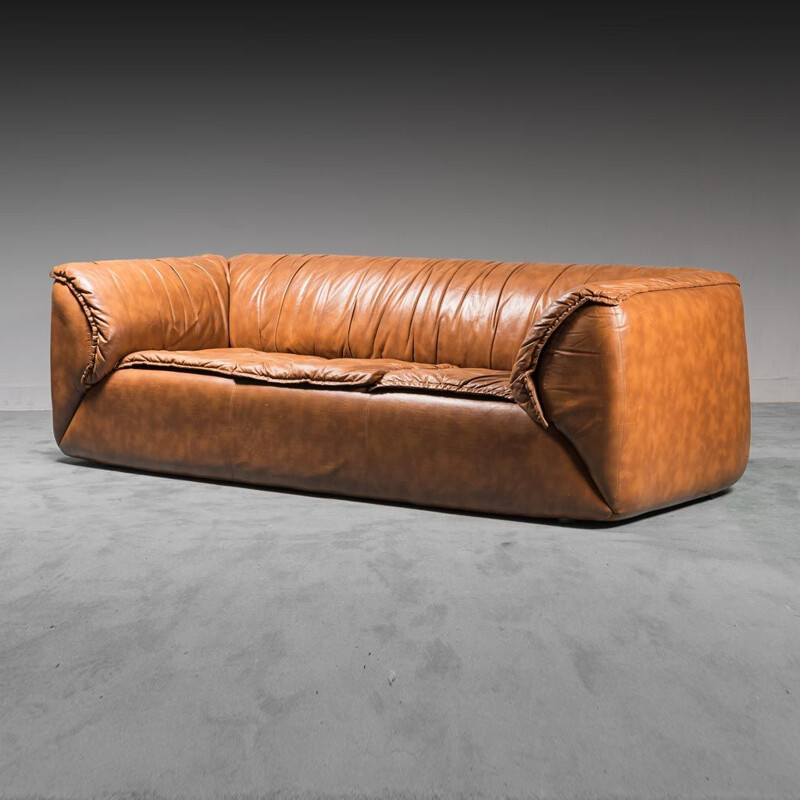 Vintage brown leather living room set, 1970s