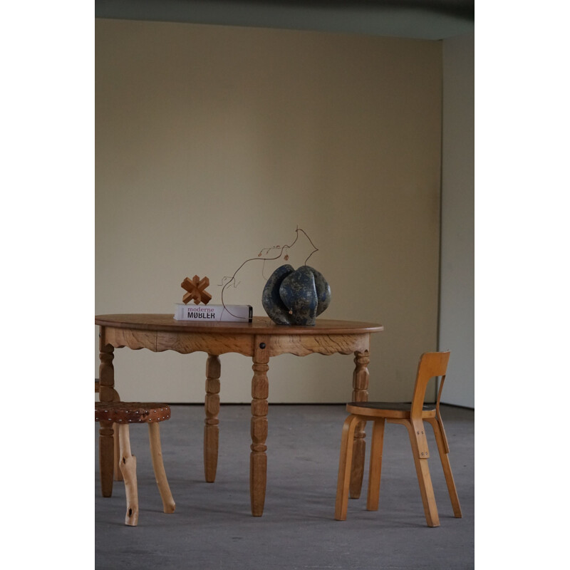 Danish vintage round dining table in solid oakwood with two extensions, 1960s