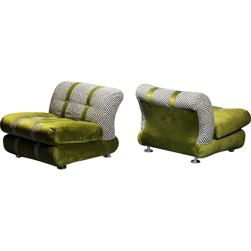 Pair of vintage armchairs in green velvet with cushion, 1970s