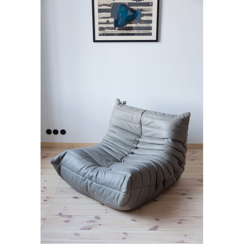 Vintage Togo grey leather armchair by Michel Ducaroy for Ligne Roset