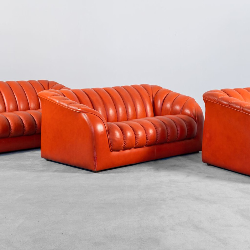 Vintage orange leather living room set, 1970s