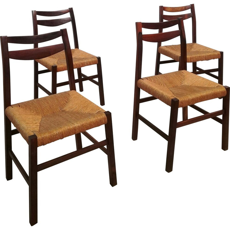 Set of 4 vintage Scandinavian rosewood and straw chairs