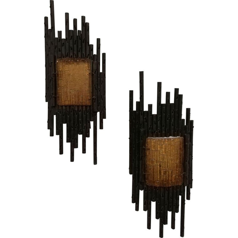 Pair of vintage Brutalist sculptural wall lamps by Marcello Fantoni, Italy 1960-1970s