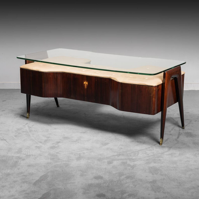 Vintage wood and beige leather desk by Vittorio Dassi, 1950s