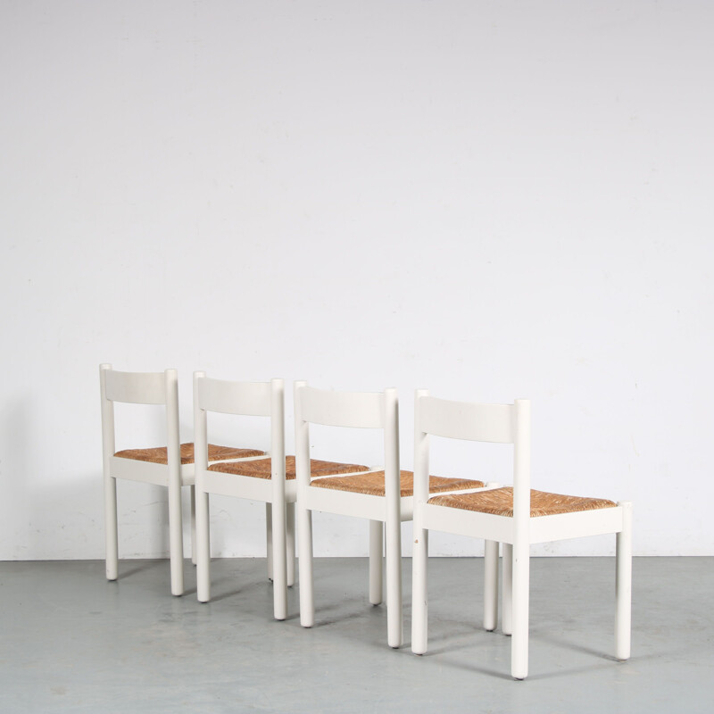 Set of 4 vintage white painted wood dining chairs, France 1960s