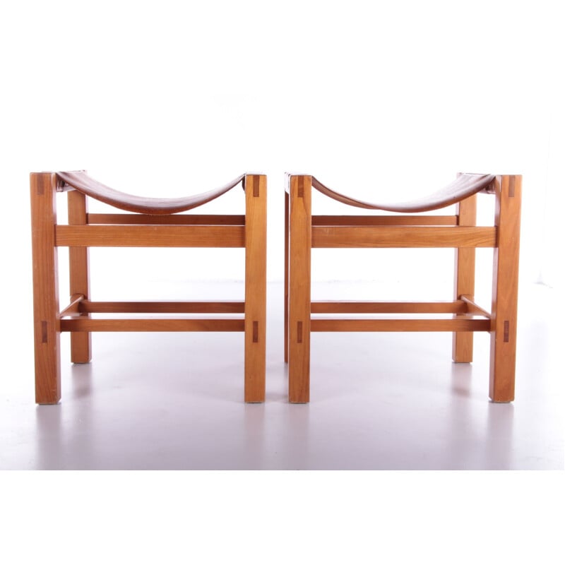 Pair of vintage stools in elm wood with leather by Maison Regian, 1970