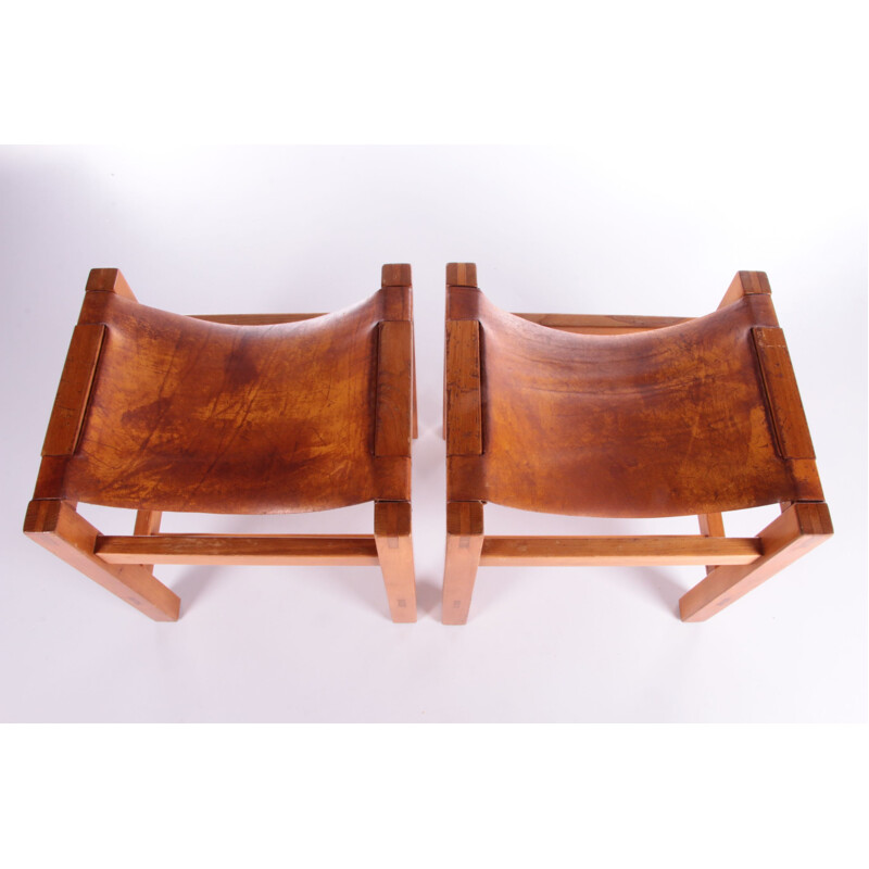 Pair of vintage stools in elm wood with leather by Maison Regian, 1970