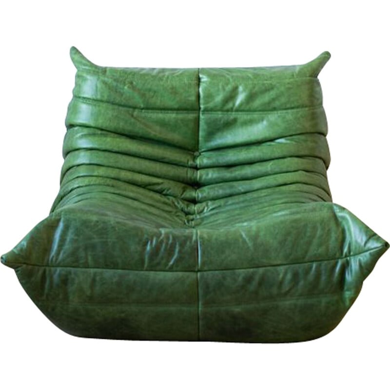 Vintage Togo Dubai green leather armchair by Michel Ducaroy for Ligne Roset