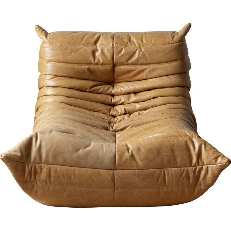 Vintage Togo camel leather armchair by Michel Ducaroy for Ligne Roset