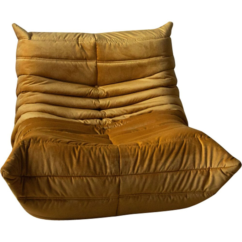 Vintage goldenrod velvet armchair Togo by Michel Ducaroy for Ligne Roset