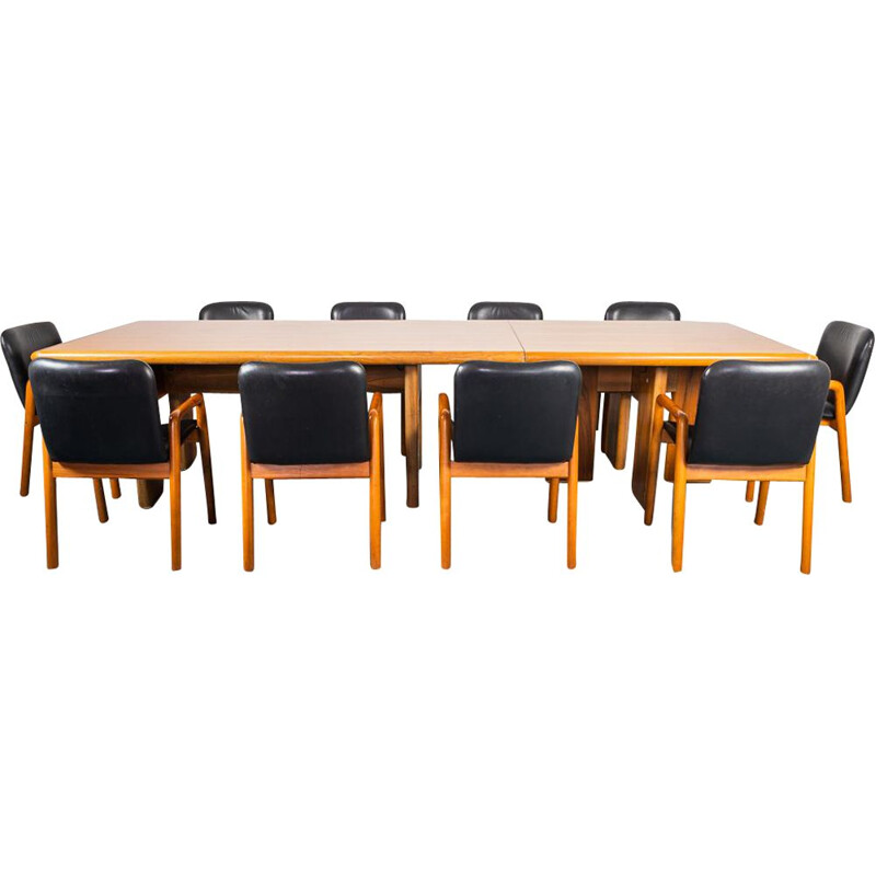 Vintage meeting desk in wood with 10 chairs, 1970s