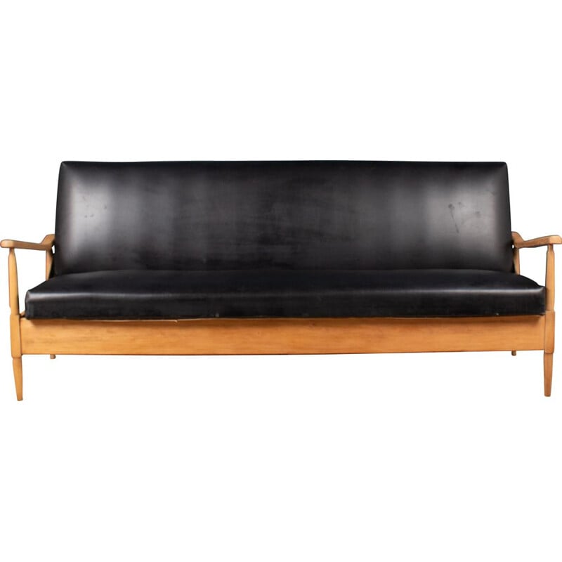Mid century teak & beechwood daybed with black leather, 1960s
