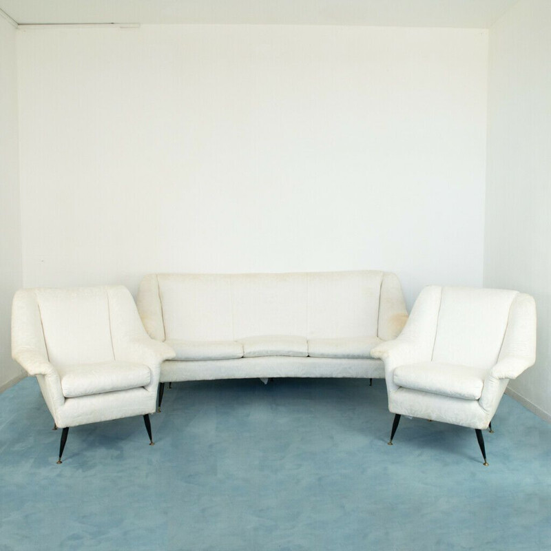 Vintage living room set in white fabric by Ico Parisi, 1960s