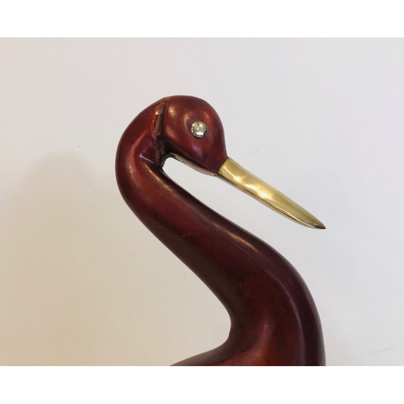 Vintage decorative bird in exotic wood and brass, France 1970