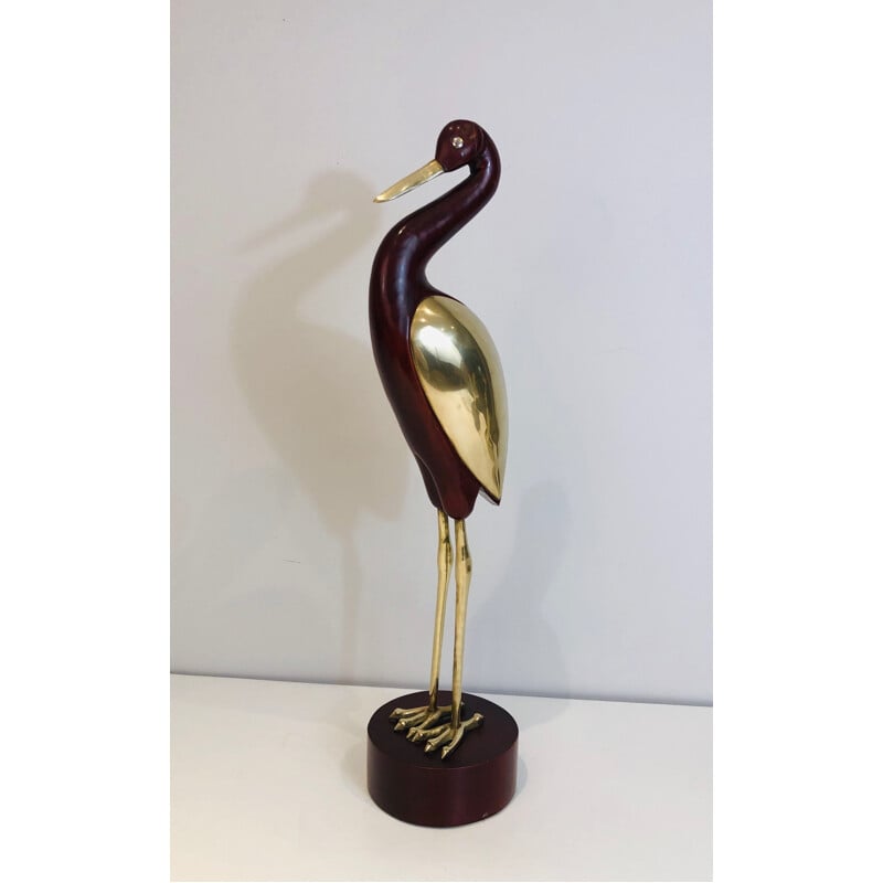 Vintage decorative bird in exotic wood and brass, France 1970