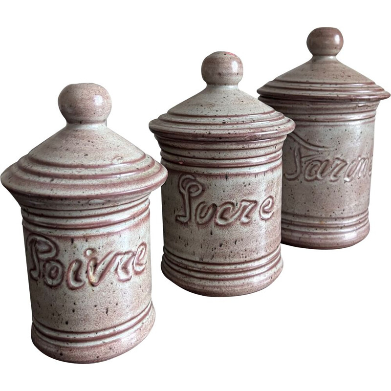 Set of 3 vintage Vallauris ceramic covered pots, 1970
