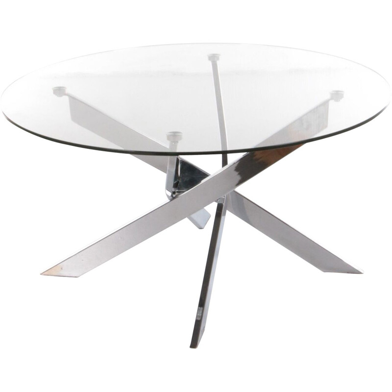 Vintage chrome coffee table with round glass top, 1980s