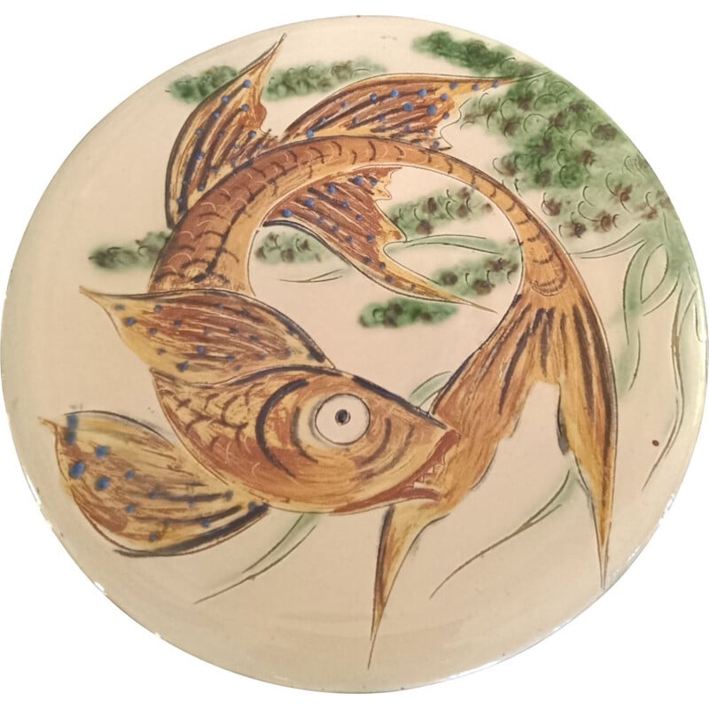 Vintage ceramic dish with fish from Puigdemont, Spain 1960