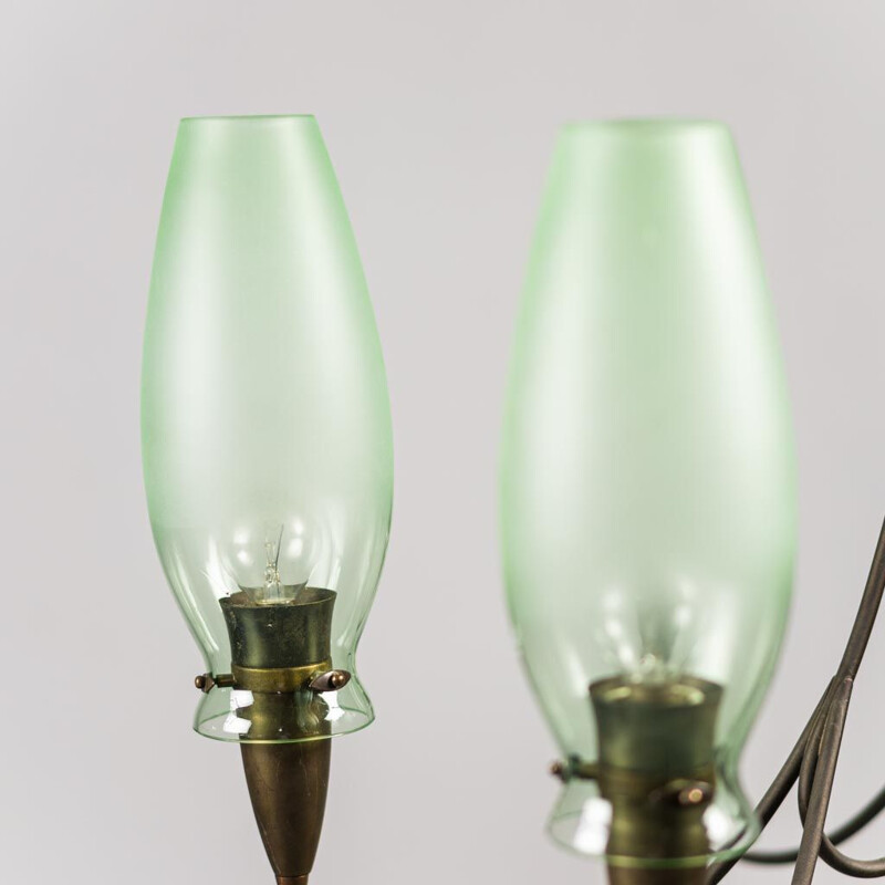 Vintage 6-light chandelier in brass and glass, 1950s