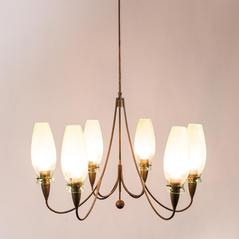 Vintage 6-light chandelier in brass and glass, 1950s