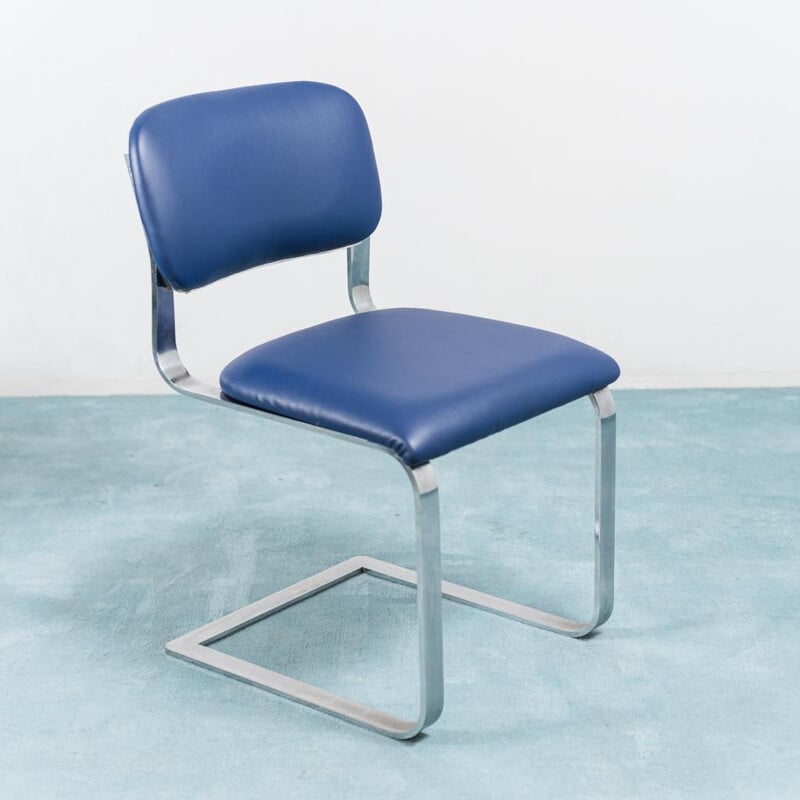 Set of 4 vintage blue eco-leather chairs in chromed metal, 1970s