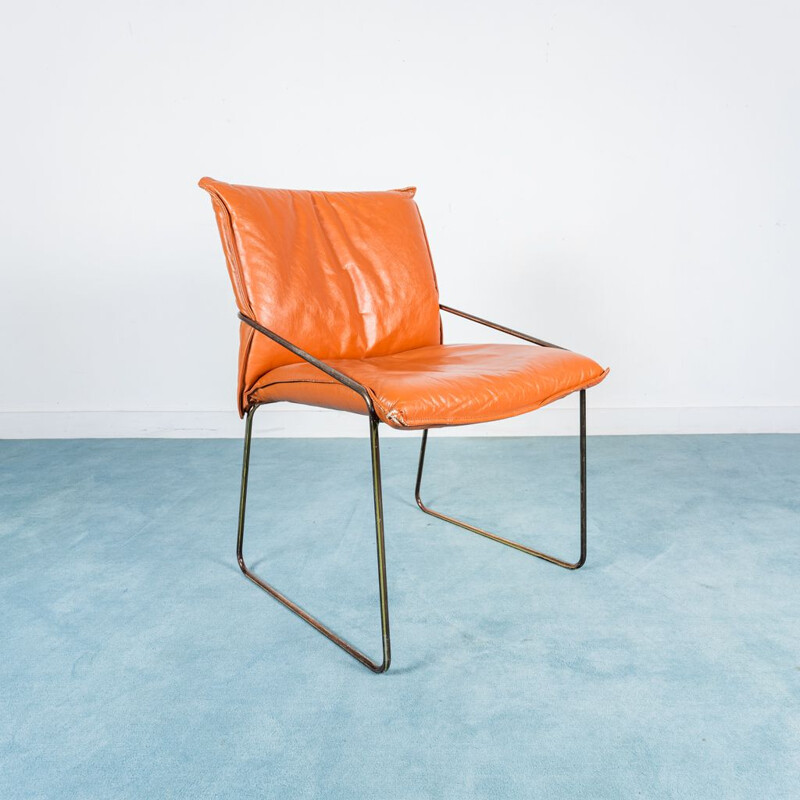 Set of 4 vintage chairs in chromed steel and orange leather, 1970s