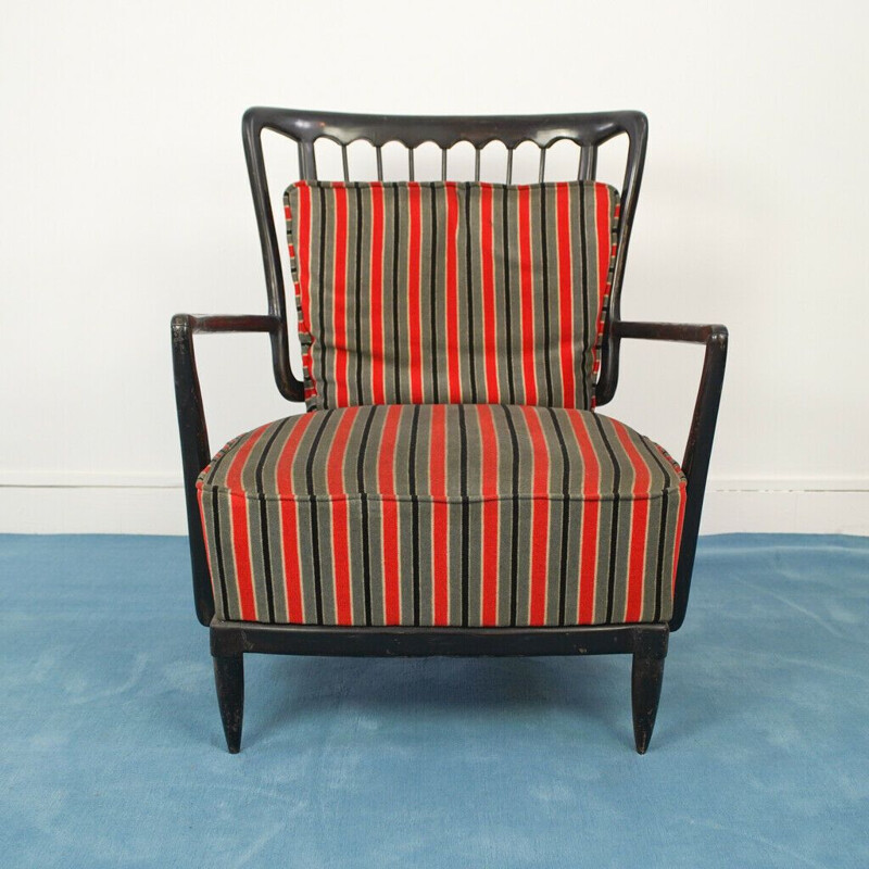 Vintage living room sofa with black lacquered wood armchair, 1950s